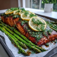 One Pan Lemon Herb Salmon glistens with flaky fish and bright roasted asparagus.