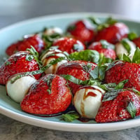 Fresh Strawberry Caprese Salad bursting with juicy strawberries and creamy mozzarella.