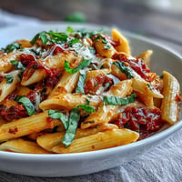 Creamy tomato basil pasta, garnished with fresh basil and Parmesan cheese.